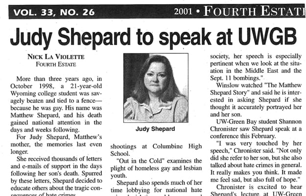 Newspaper article Judy Shepard